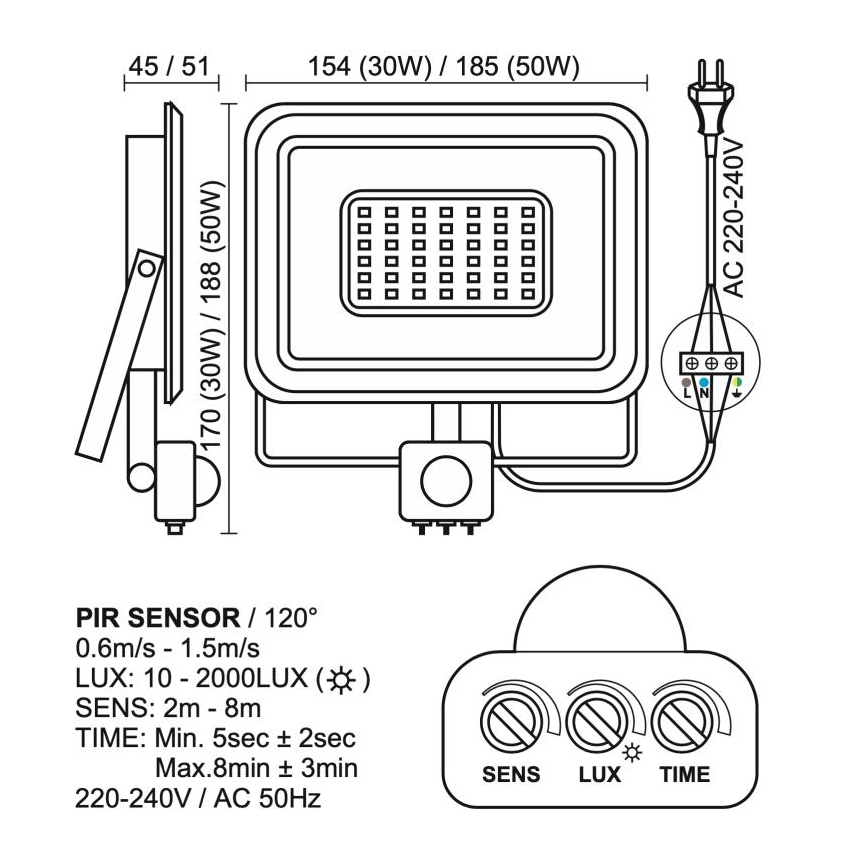 LED Väliprožektor anduriga LED/50W/230V 4000K IP44 must