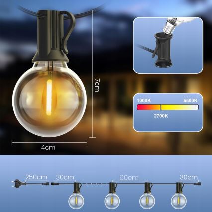 LED välistingimustes kasutatav dekoratiivkett 25xE12/1W/230V 17,5 m IP65 must