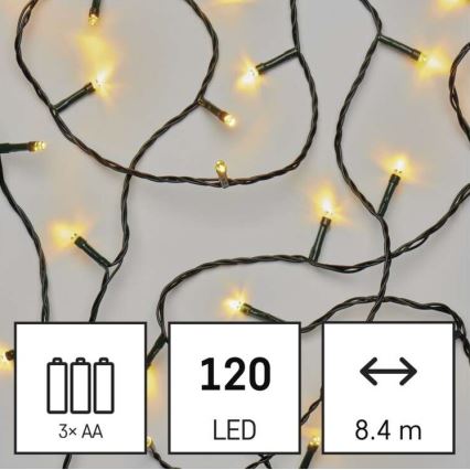 LED-välisvalokett 120xLED/3xAA 8,9m IP44 soe valge