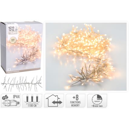LED välitingimustele mõeldud jõulukaabel 1512xLED/230V/8 funktsiooni 14 m IP44 soe valge