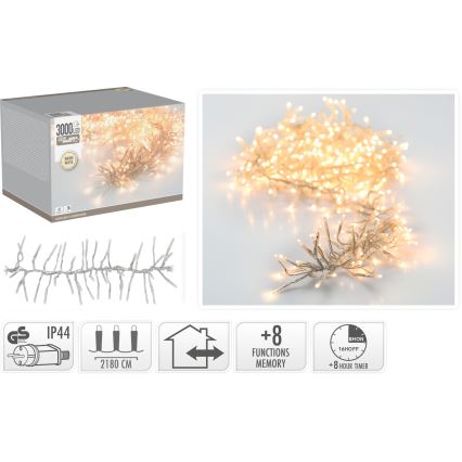 LED välitingimustesse mõeldud jõulukett 3000xLED/230V/8 funktsiooni 24,8 m IP44 soe valge