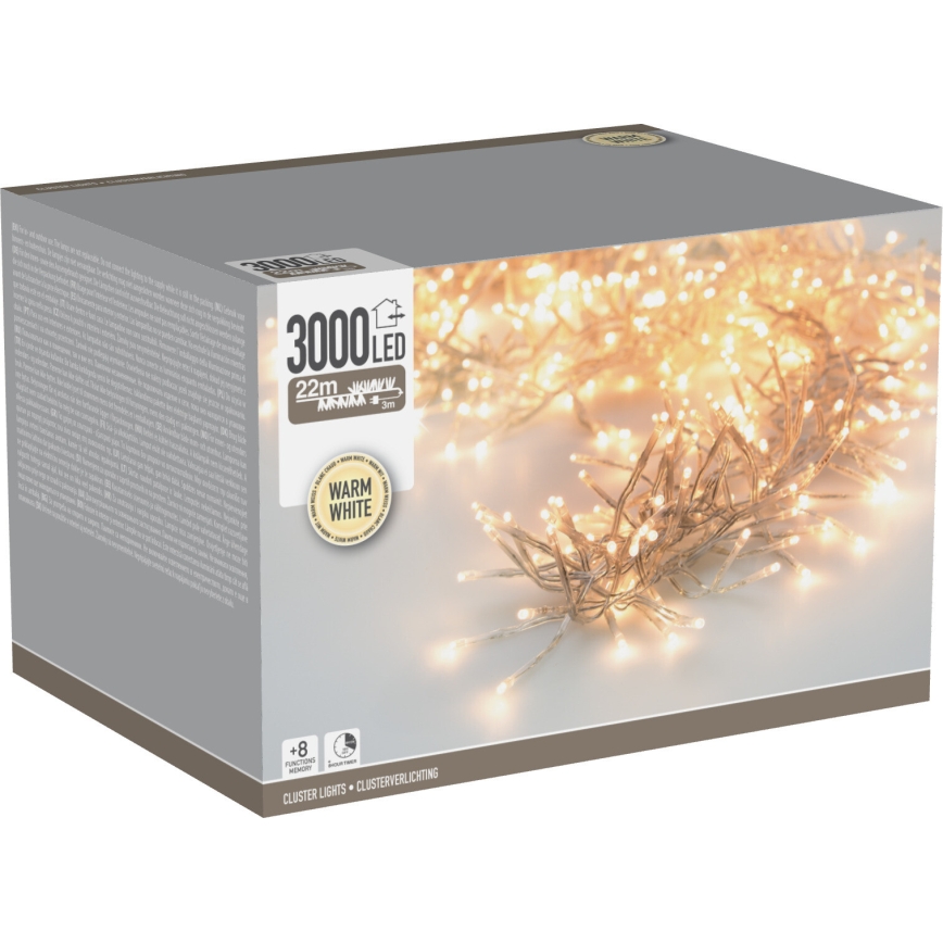LED välitingimustesse mõeldud jõulukett 3000xLED/230V/8 funktsiooni 24,8 m IP44 soe valge