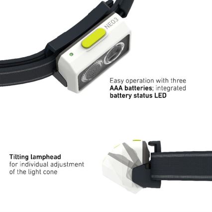 Ledlenser NEO3 - hämardatav LED-pealamp, LED/3xAAA, IP54, 400 lm, 20 h, must/valge