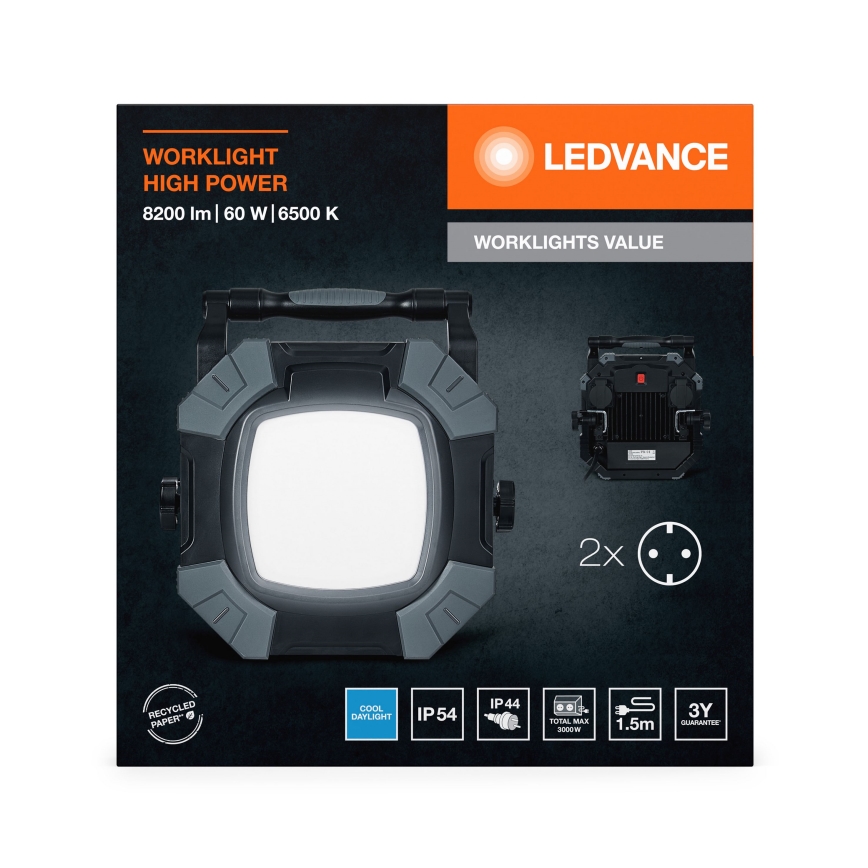 Ledvance - LED Hämardatav töö hele kahe pistikupesaga WORKLIGHT VALUE LED/60W/230V IP54
