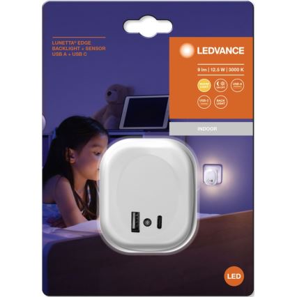 Ledvance - LED Öövalgusti pistikupessa anduriga ja USB LUNETTA LED/12,5W/230V valge