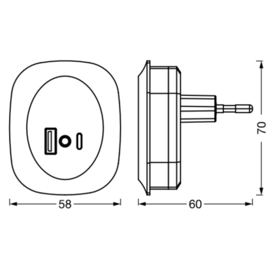 Ledvance - LED Öövalgusti pistikupessa anduriga ja USB LUNETTA LED/12,5W/230V 3000K valge