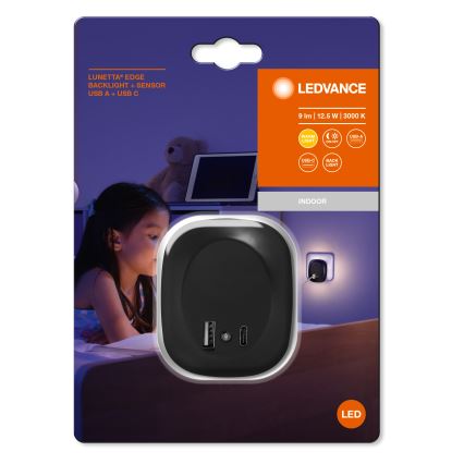 Ledvance - LED Öövalgusti pistikupessa anduriga ja USB LUNETTA LED/12,5W/230V 3000K must