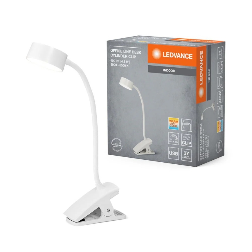 Ledvance - Hämardatav puutetundlik LED-laualamp klambriga CYLINDER LED/4,8W/5V 3000-6500K valge