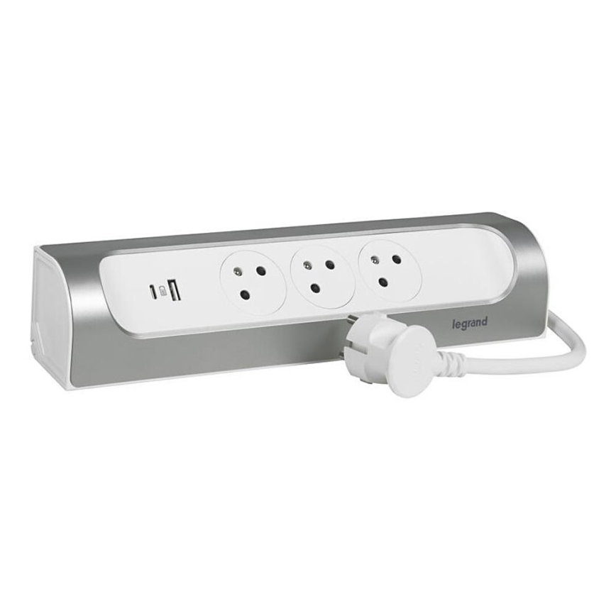 Legrand 049406 - Pikendusjuhe 3Z Tüüp E + USB-A + USB-C 1m hõbedane/valge