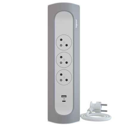 Legrand 049406 - Pikendusjuhe 3Z Tüüp E + USB-A + USB-C 1m hõbedane/valge