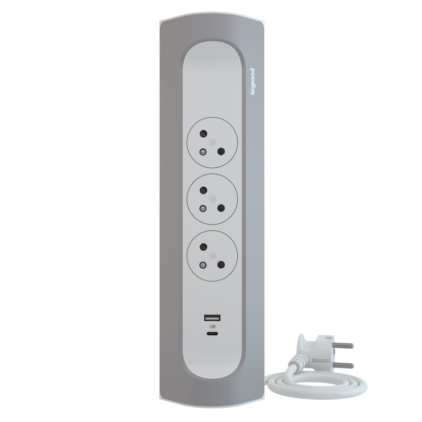 Legrand 049406 - Pikendusjuhe 3Z Tüüp E + USB-A + USB-C 1m hõbedane/valge