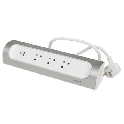 Legrand 049406 - Pikendusjuhe 3Z Tüüp E + USB-A + USB-C 1m hõbedane/valge