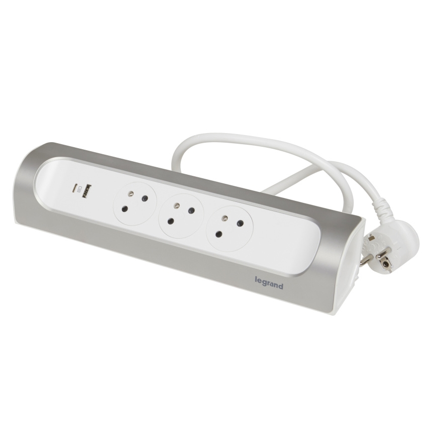 Legrand 049406 - Pikendusjuhe 3Z Tüüp E + USB-A + USB-C 1m hõbedane/valge