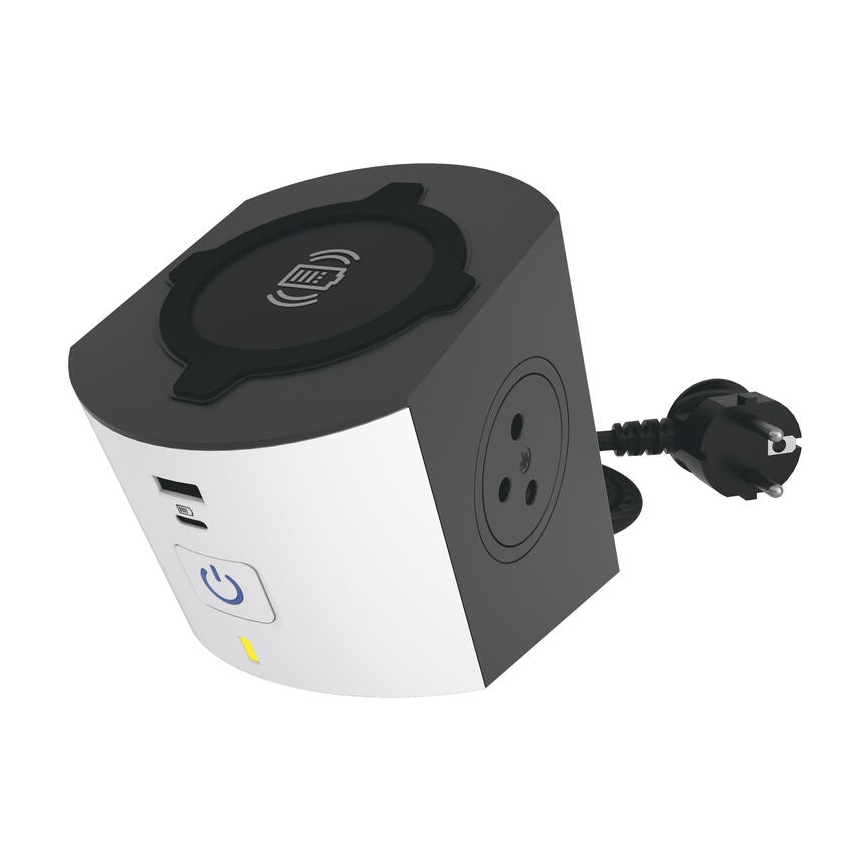 Legrand 049412 - Pistiku jagaja koos lülitiga 2Z Tüüp E + USB-A + USB-C ja juhtmevaba laadimine 10W 2m valge