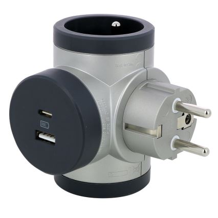 Legrand 049439 - Pistikupesa jaotur pöörlev 2Z Tüüp E + USB-A + USB-C hõbedane/must