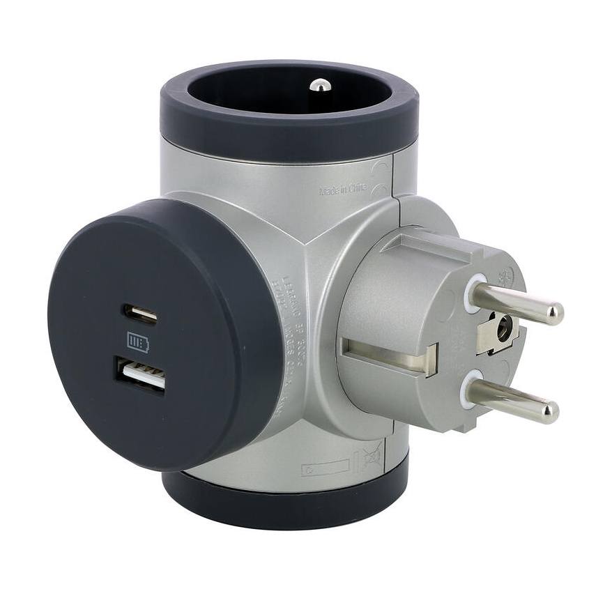 Legrand 049439 - Pistikupesa jaotur pöörlev 2Z Tüüp E + USB-A + USB-C hõbedane/must