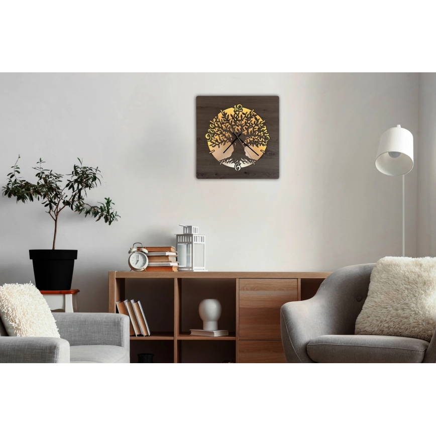 Li-Go 23537/DUB2 - LED-hämardatav kell LED/10W/5V 20000 mAh 42x42 cm tamm/oliivipuu ümmarguse raamiga + kaugjuhtimispult