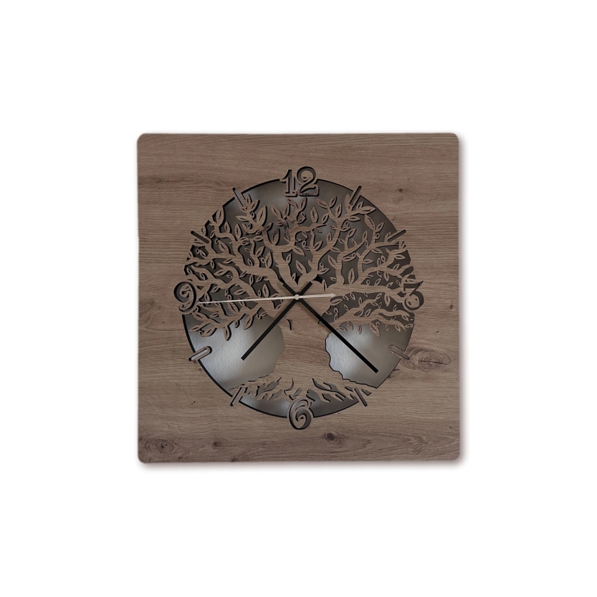 Li-Go 23537/DUB2 - LED-hämardatav kell LED/10W/5V 20000 mAh 42x42 cm tamm/oliivipuu ümmarguse raamiga + kaugjuhtimispult