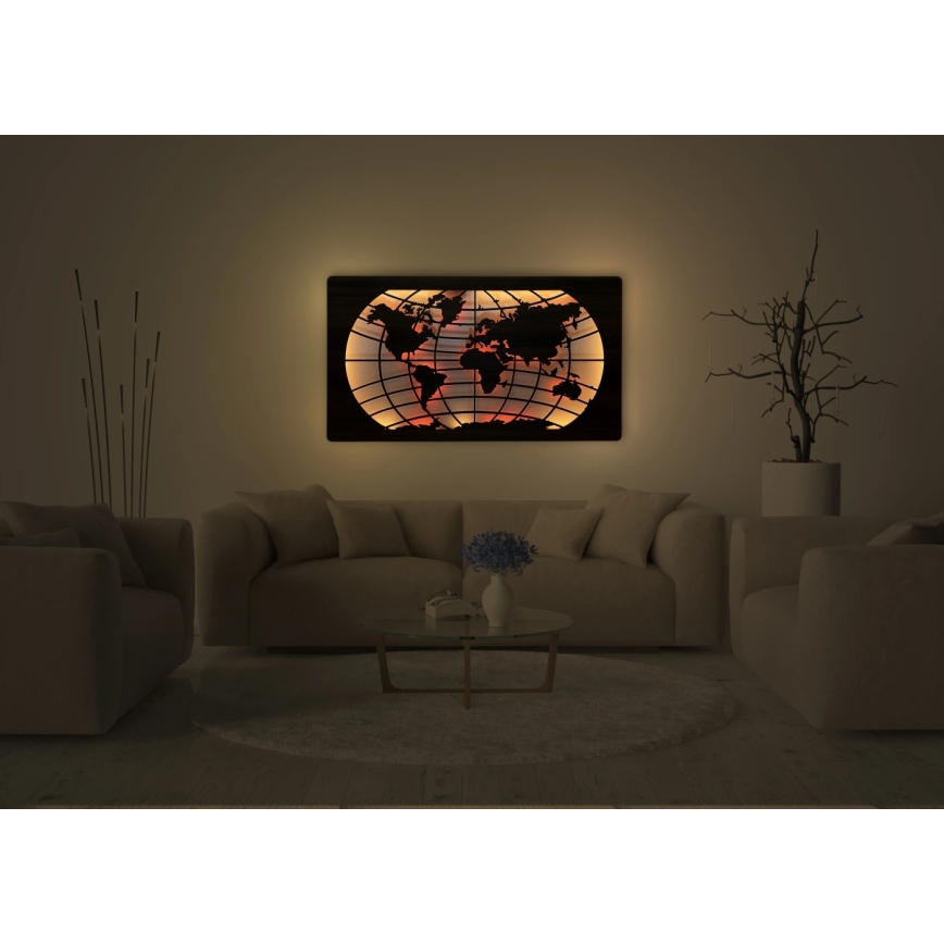 Li-Go 4709/DUB2 - LED RGBW hämardatav seinakaunistus LED/24W/230V 125x74 cm tamm/maailmakaart paralleeljooned + kaugjuhtimispult
