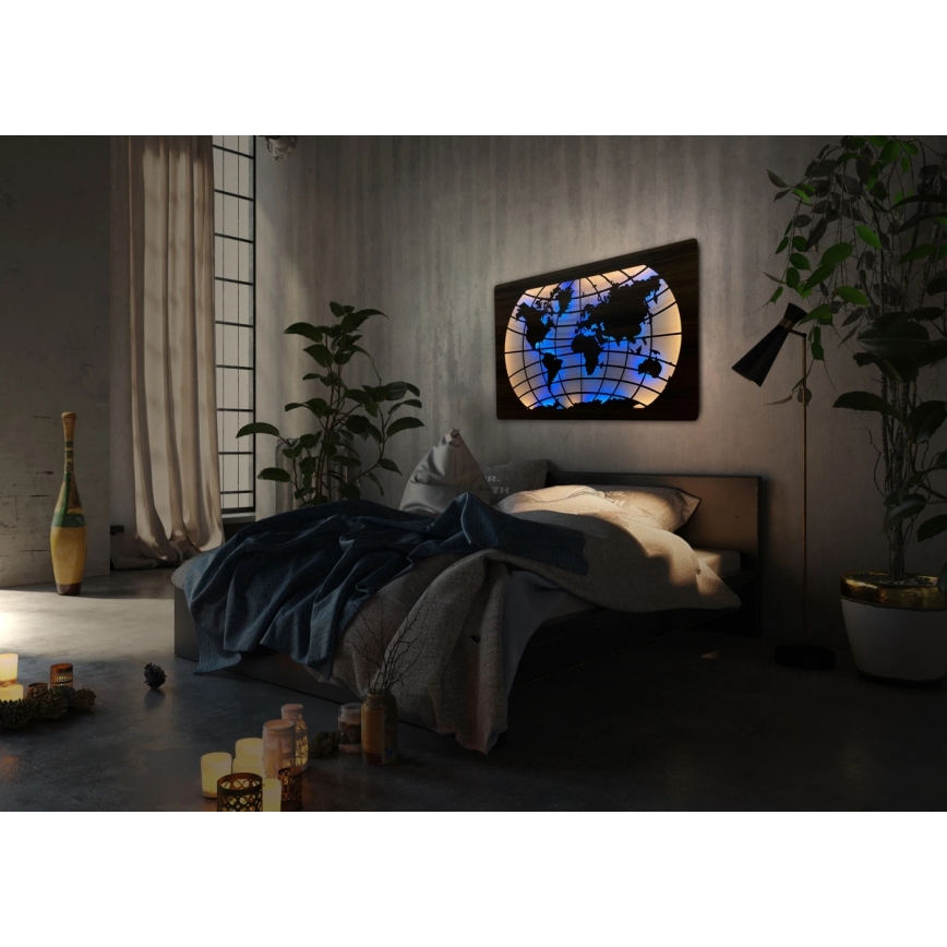 Li-Go 4709/DUB2 - LED RGBW hämardatav seinakaunistus LED/24W/230V 125x74 cm tamm/maailmakaart paralleeljooned + kaugjuhtimispult