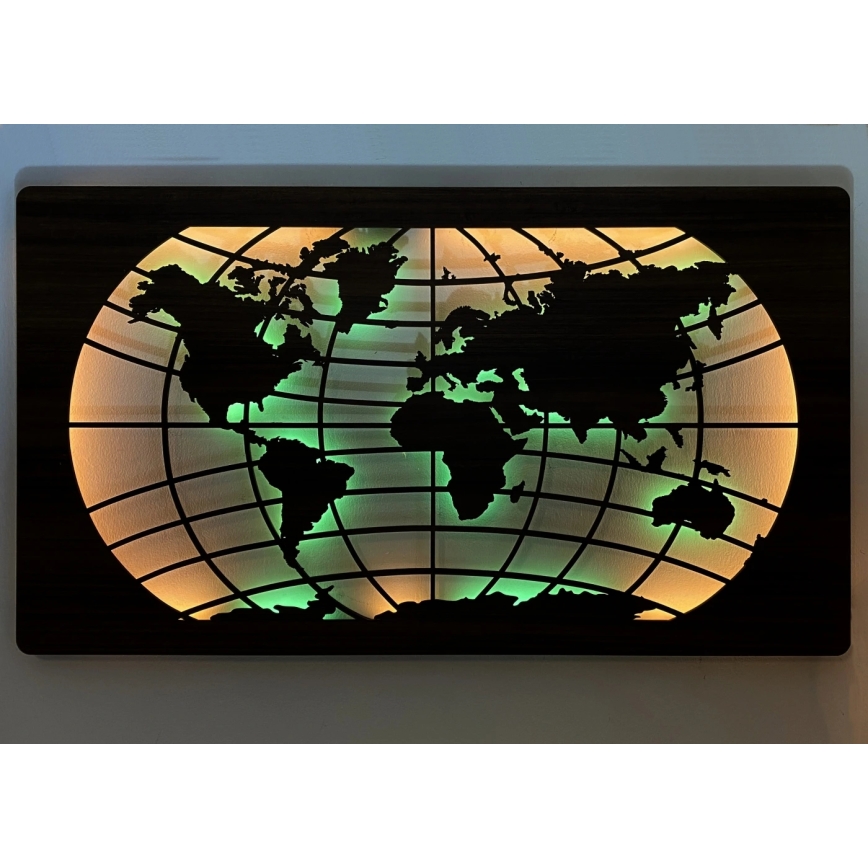 Li-Go 4709/DUB2 - LED RGBW hämardatav seinakaunistus LED/24W/230V 125x74 cm tamm/maailmakaart paralleeljooned + kaugjuhtimispult