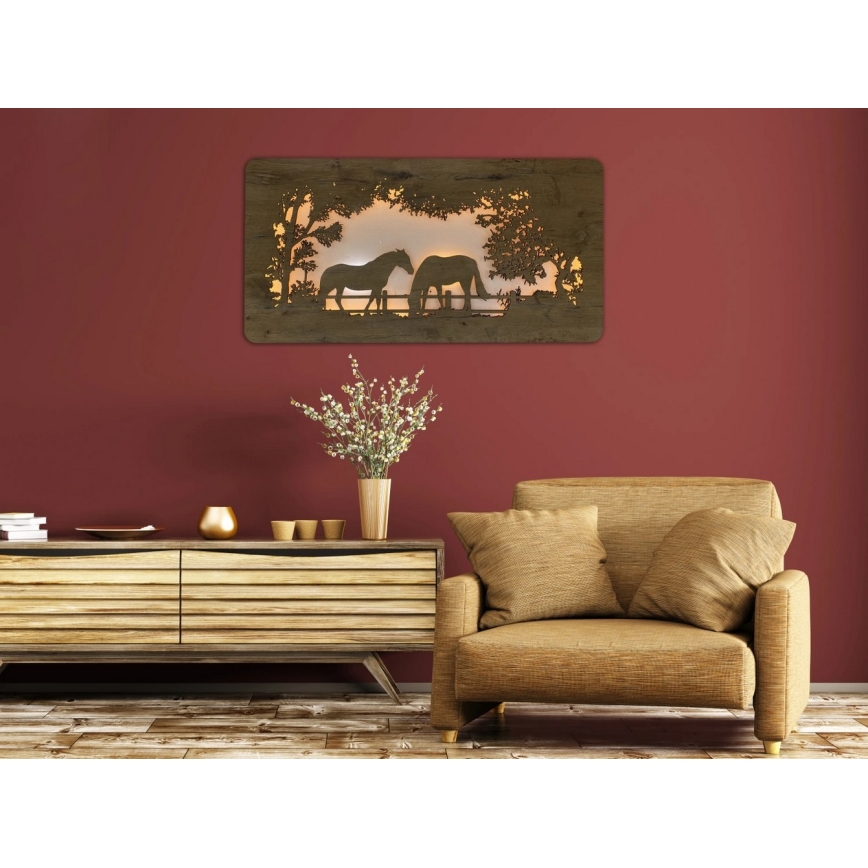 Li-Go 5012/B/4 - hämardatav LED-seinakaunistus LED/10W/5V 30000 mAh 120x60 cm tamm/hobused + kaugjuhtimispult