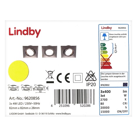 Lindby - KOMPLEKT 3x LED Süvistatav valgusti ANDREJ LED/4W/230V