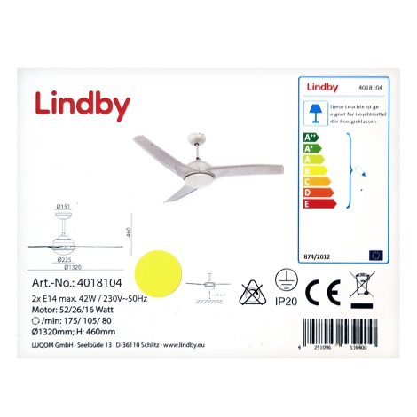 Lindby - Laeventilaator EMANUEL 2xE14/42W/230V + pult