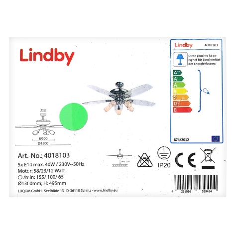 Lindby - Laeventilaator koos valgustiga CEDRIK 5xE14/40W/230V