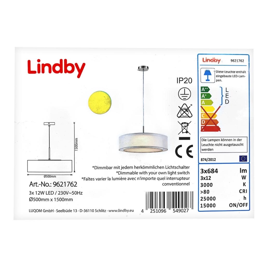 Lindby - LED Hämardatav lühter AMON 3xLED/12W/230V