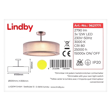 Lindby - LED Hämardatav ripplühter PIKKA 3xLED/12W/230V