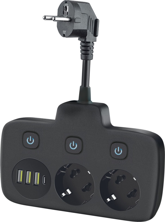 LINEA toitejaotur lülitiga 2x230V + 4xUSB A/C SCHUKO, must