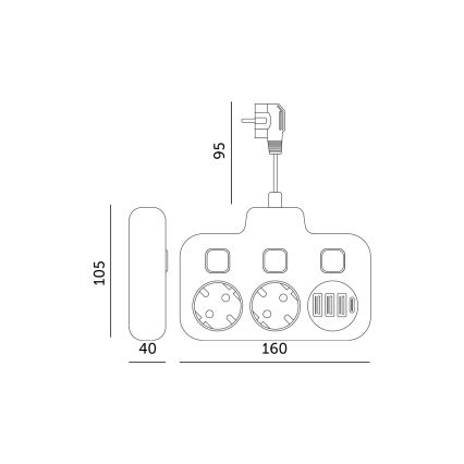 LINEA toitejaotur lülitiga 2x230V + 4xUSB A/C SCHUKO, must
