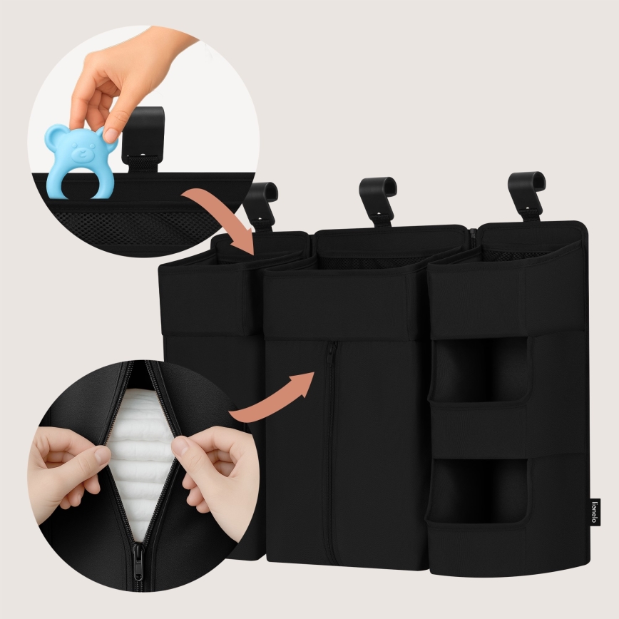 Lionelo - Voodikott 3-ühes SIDEPOCKET Must