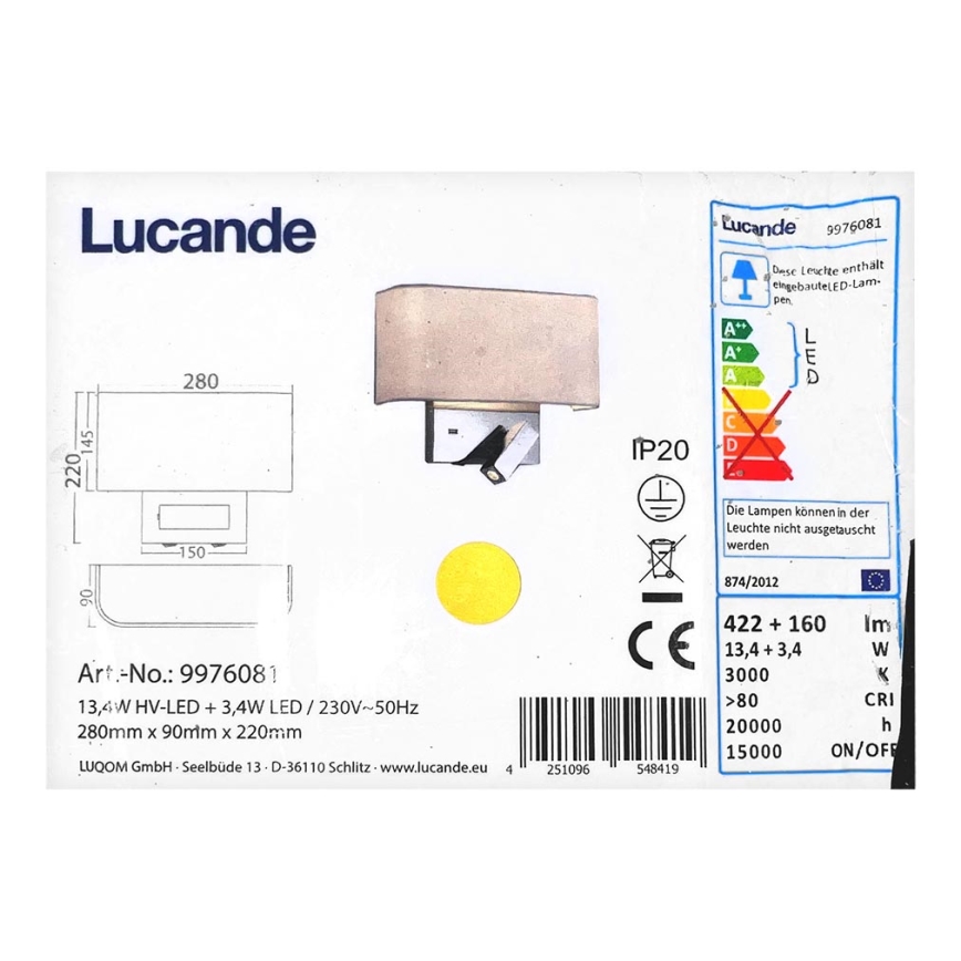 Lucande - LED Seinalamp VIRVE 1XLED/13,4W/230V + 1xLED/3,4W/230V