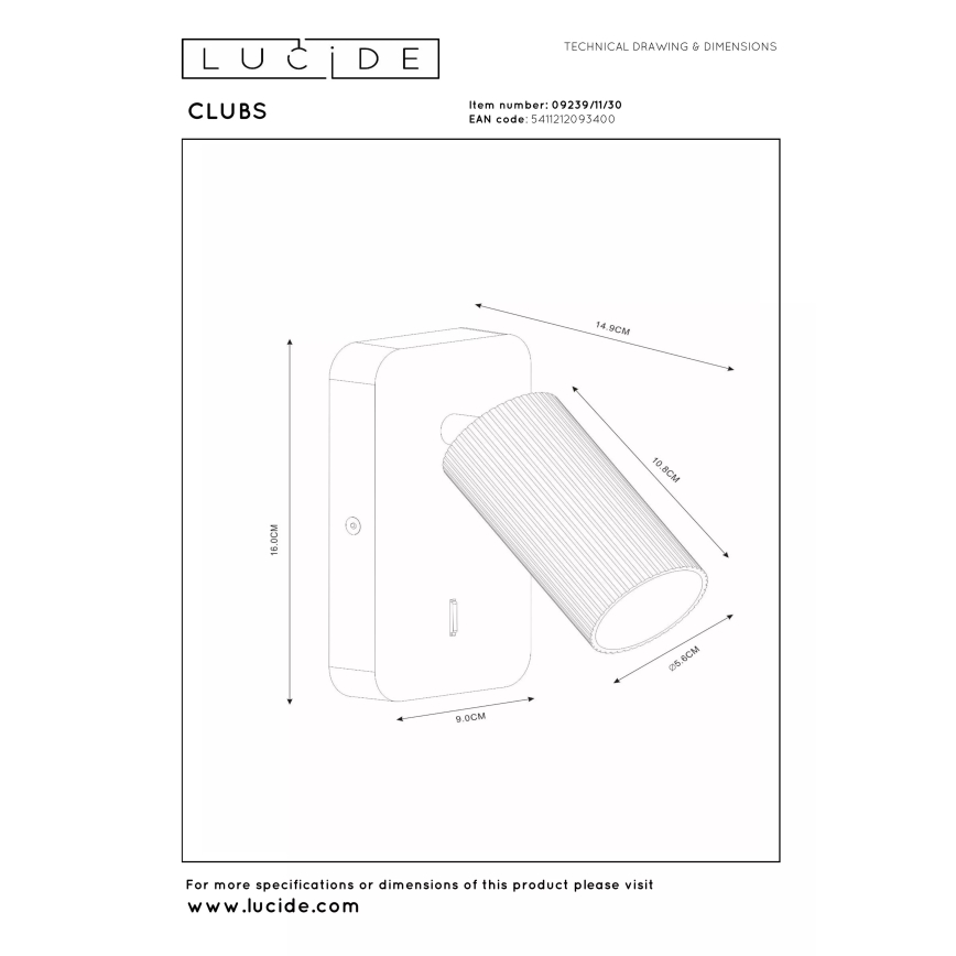 Lucide 09239/11/30 - Seinakinnitusega suunavalgusti CLUBS 1xGU10/40W/230V must