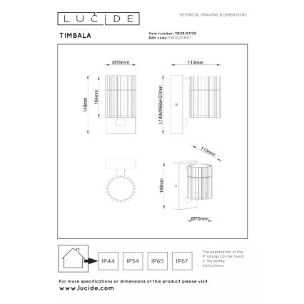 Lucide 11839/01/30 - Välisseinavalgusti anduriga TIMBALA 1xGU10/7W/230V IP44