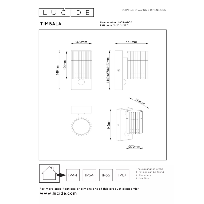 Lucide 11839/01/30 - Välisseinavalgusti anduriga TIMBALA 1xGU10/7W/230V IP44