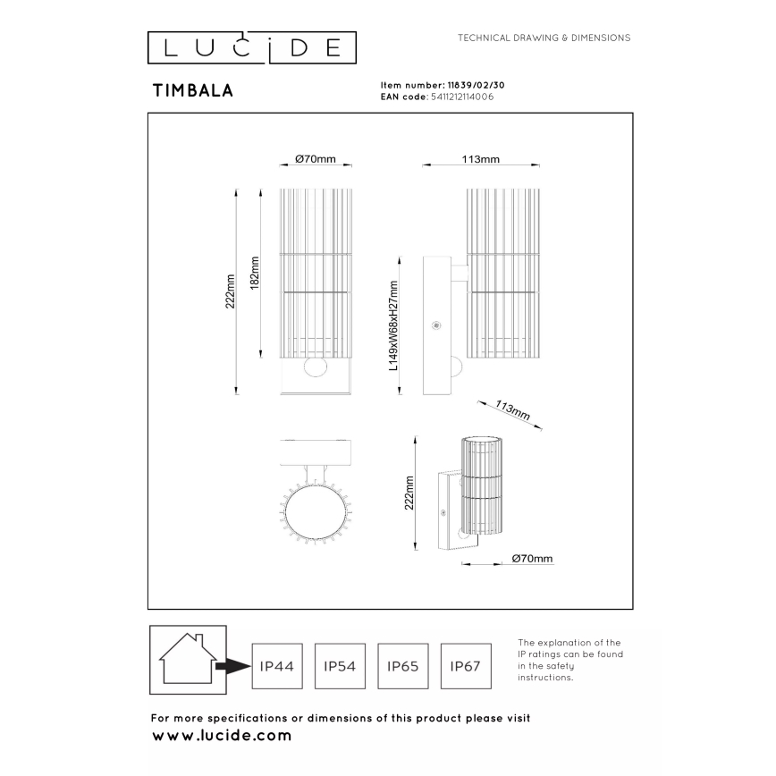 Lucide 11839/02/30 - Välisseinale paigaldatav seinavalgusti liikumisanduriga TIMBALA 2xGU10/7W/230V IP44