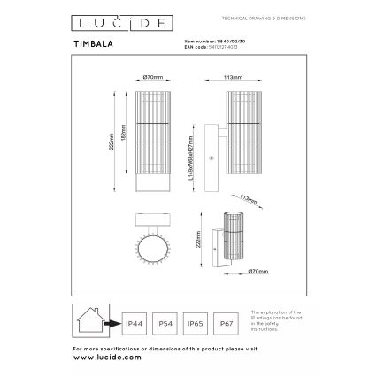 Lucide 11840/02/30 - Välisseinale paigaldatav valgusti TIMBALA 1xGU10/7W/230V IP44