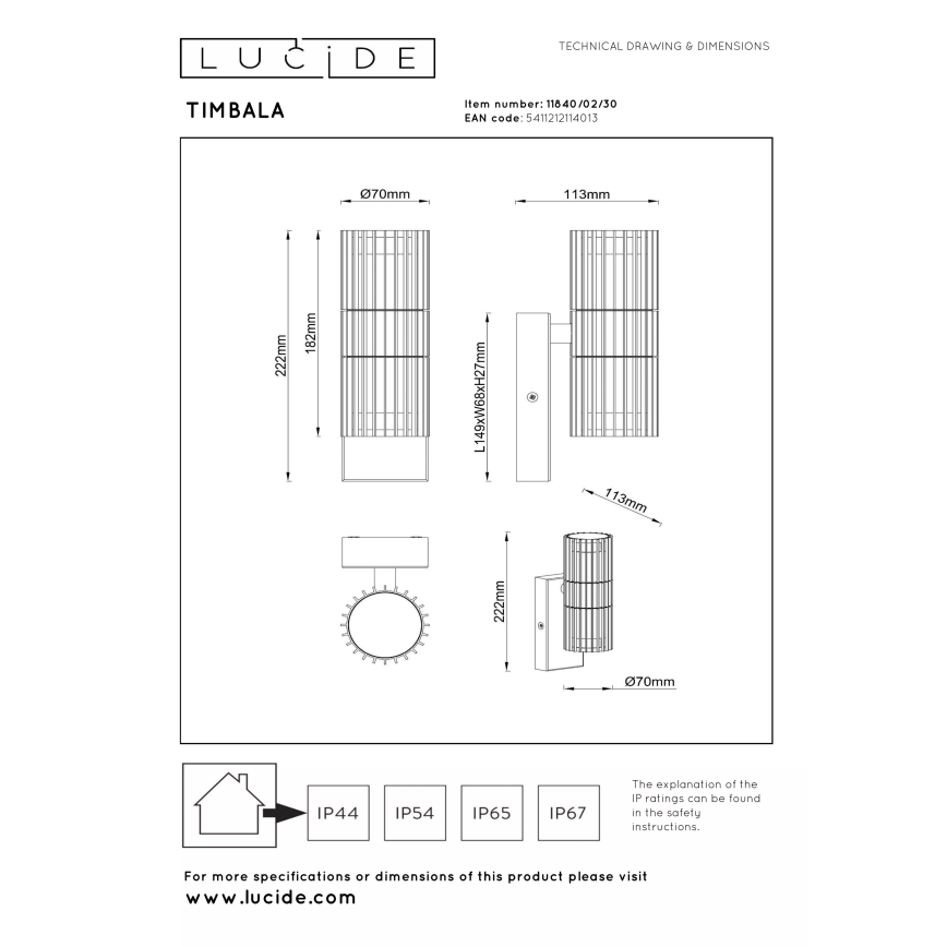 Lucide 11840/02/30 - Välisseinale paigaldatav valgusti TIMBALA 1xGU10/7W/230V IP44