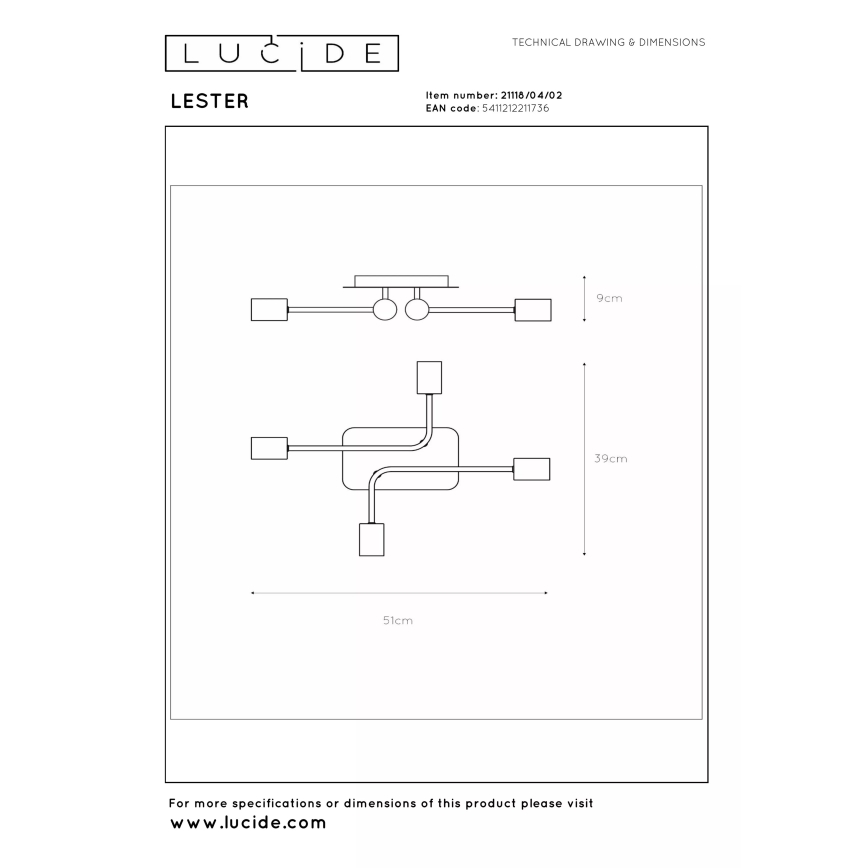 Lucide 21118/04/02 - Pinnapealne laelühter LESTER 4xE27/40W/230V kuldne