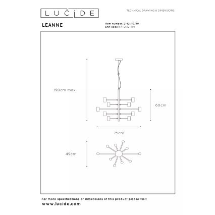 Lucide 21421/10/30 - Ripplühter kaabliga LEANNE 10xE27/40W/230V