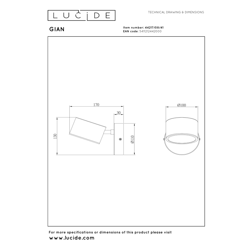 Lucide 44217/08/41 - LED seinasihtvalgusti GIAN LED/9W/230V must