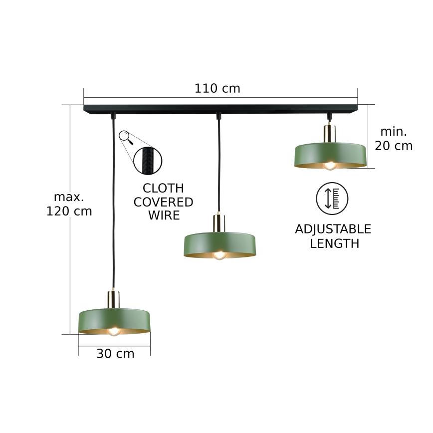 Lühter HAKI 3xE27/60W/230V roheline/must/läikiv kroom