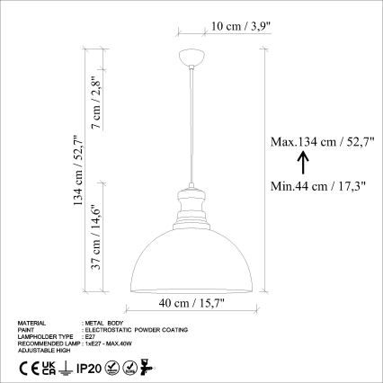 Lühter KURE 1xE27/40W/230V d. 40 cm hall
