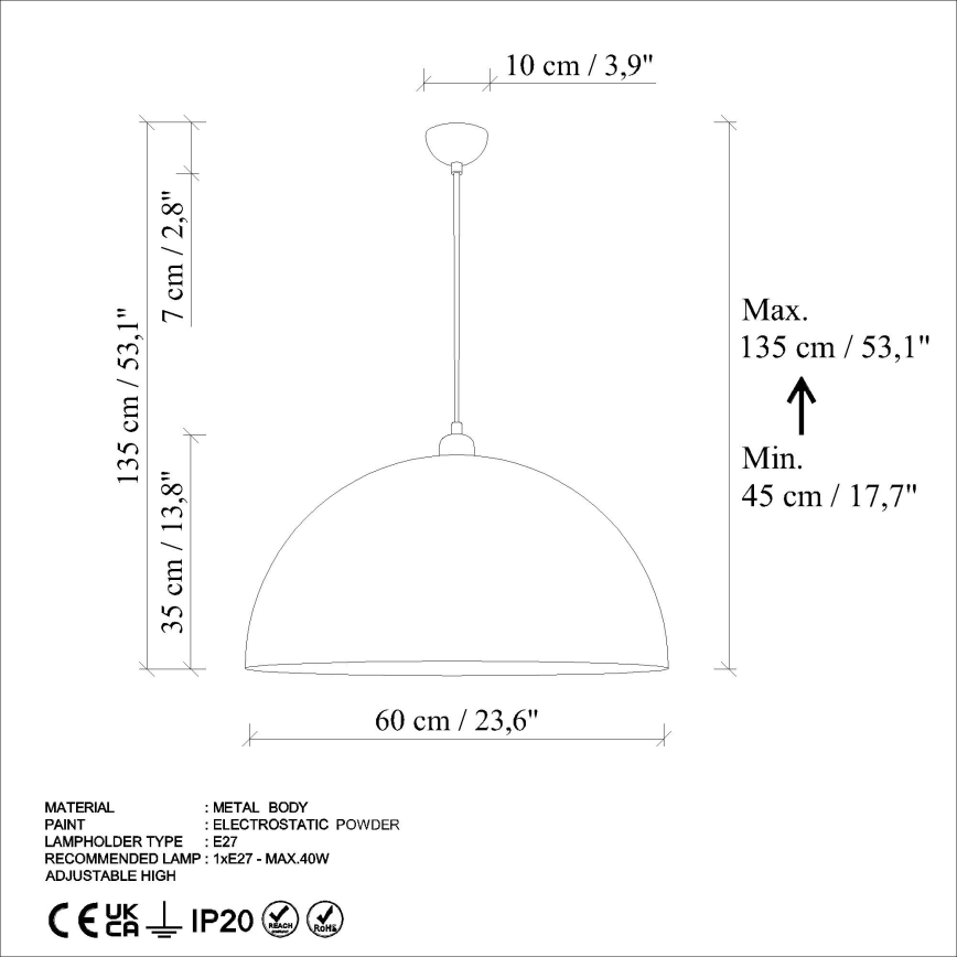 Lühter KURE 1xE27/40W/230V d. 60 cm hall