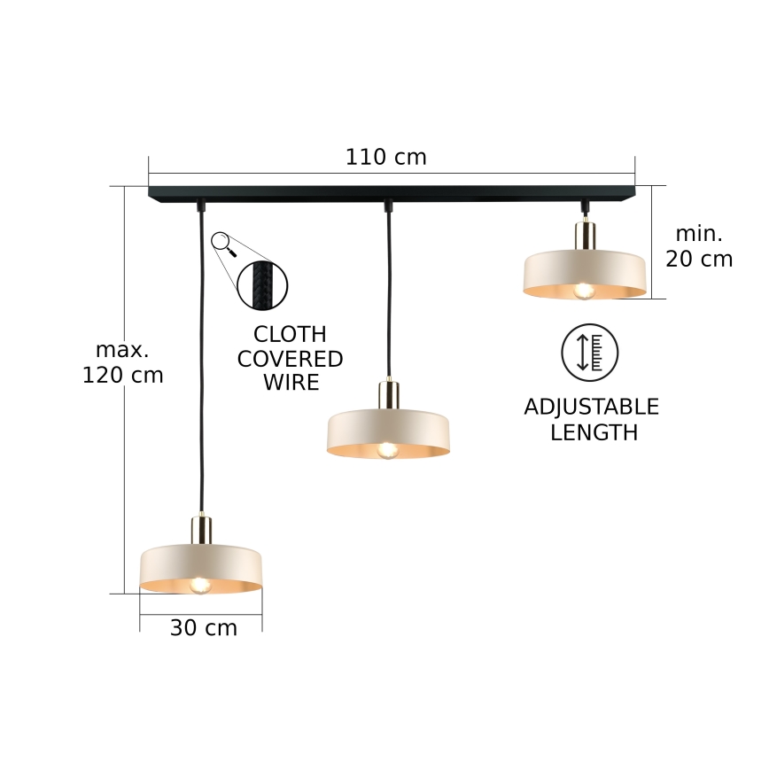 Lühter LATTE 3xE27/60W/230V beež/must/läikiv kroom