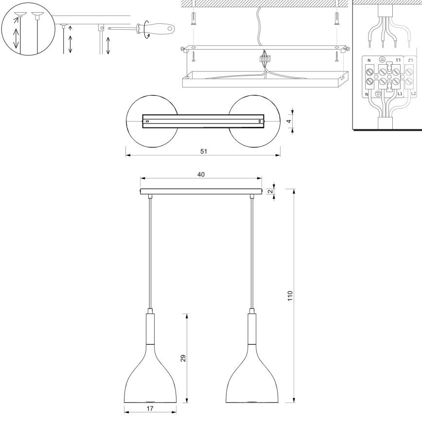 Lühter NOAK WOOD 2xE27/15W/230V must/pöök