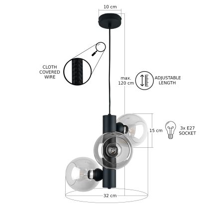Lühter TUBE 3xE27/60W/230V must/läbipaistev